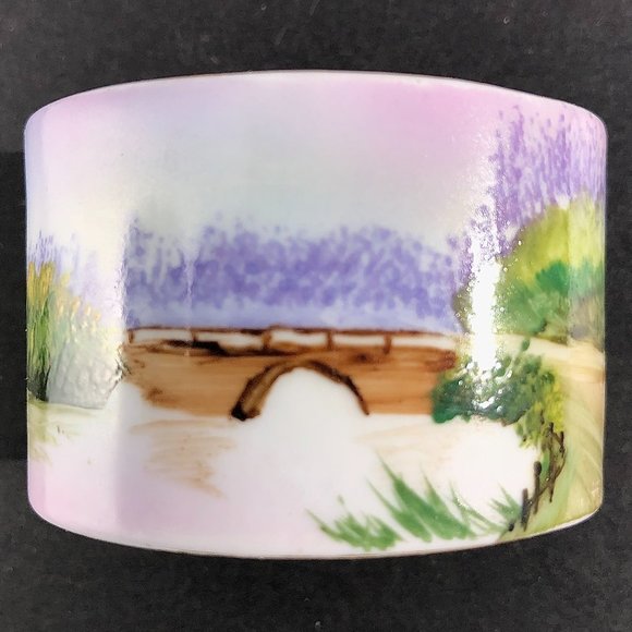 vintage Noritake Napkin Ring Hand Painted Japan bridge marsh purple green brown - Picture 1 of 16